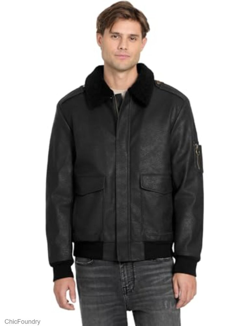 Men's Faux Leather Aviator Jacket with Faux Fur Collar